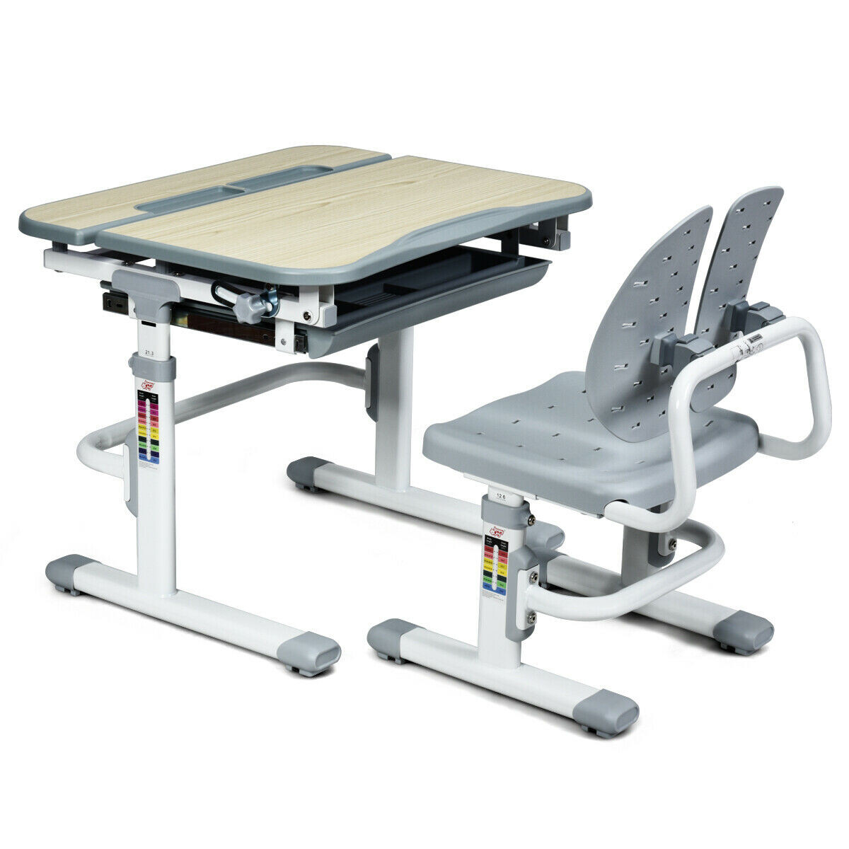 Height Adjustable Kids Study Desk and Chair Set-Gray - Color: Gray
