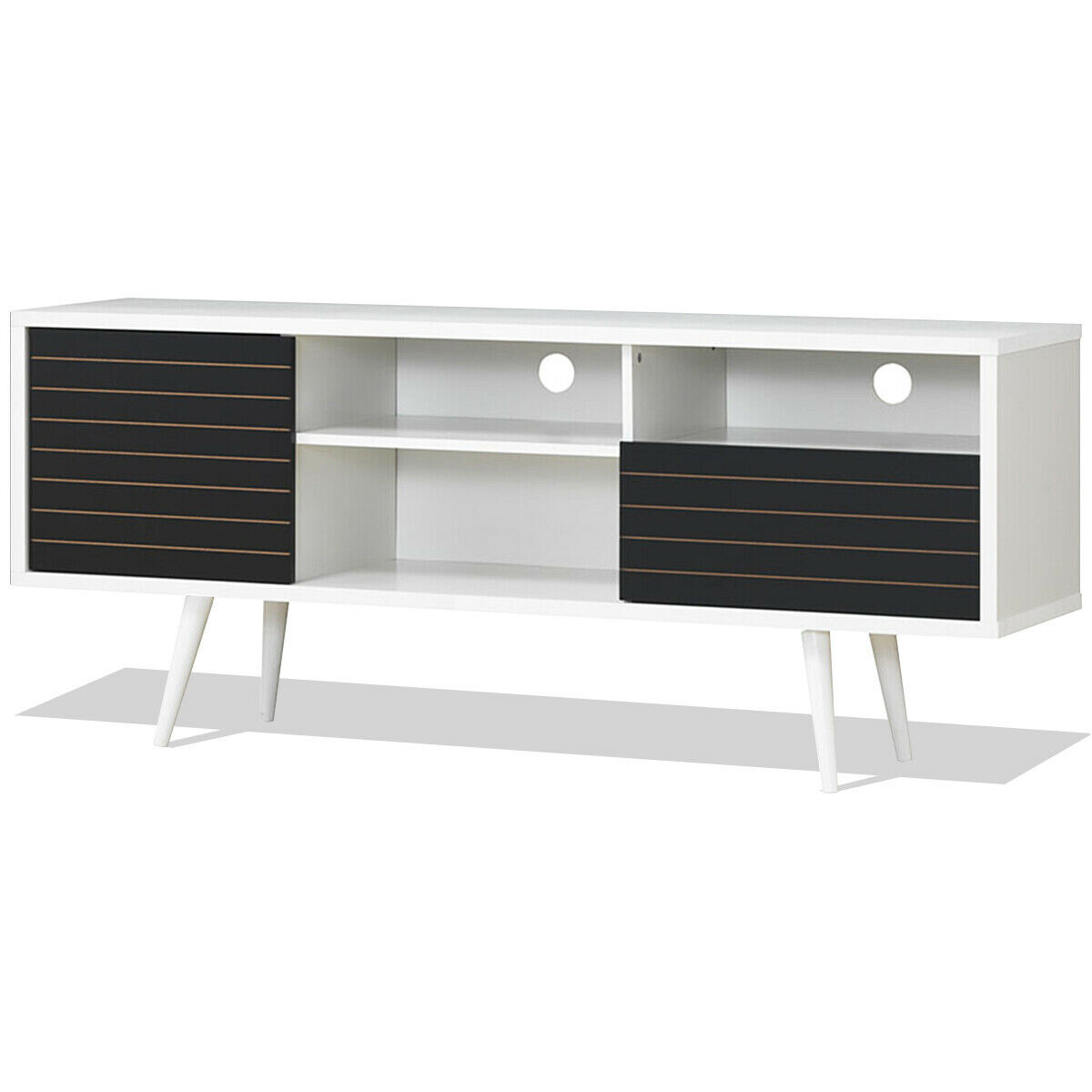 Mid-Century Modern TV Stand for TVs up to 65 Inch with Storage Shelves - Color: Black & White