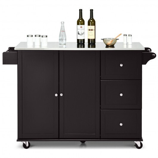 Kitchen Island 2-Door Storage Cabinet with Drawers and Stainless Steel Top-Dark Brown - Color: Dark Brown