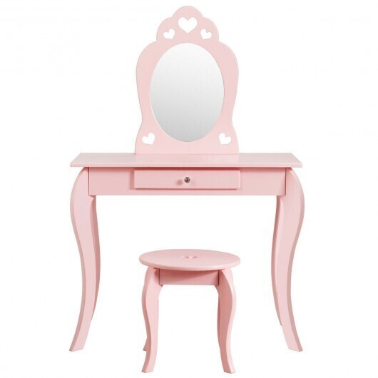 Kids Princess Makeup Dressing Play Table Set with Mirror -Pink - Color: Pink
