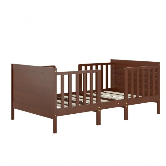 2-in-1 Convertible Kids Wooden Bedroom Furniture with Guardrails-Brown - Color: Brown