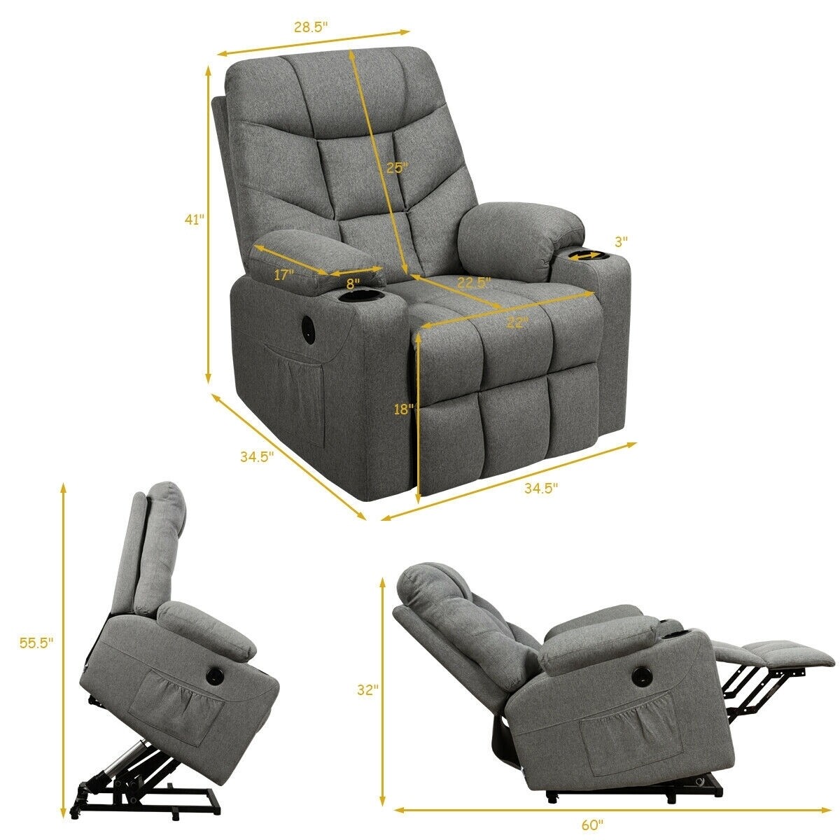 Electric Power Lift Recliner Massage Sofa-Light Gray - Color: Light Gray