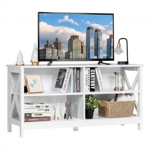 Wooden TV Stand Entertainment for TVs up to 55 Inch with X-Shaped Frame-White - Color: White