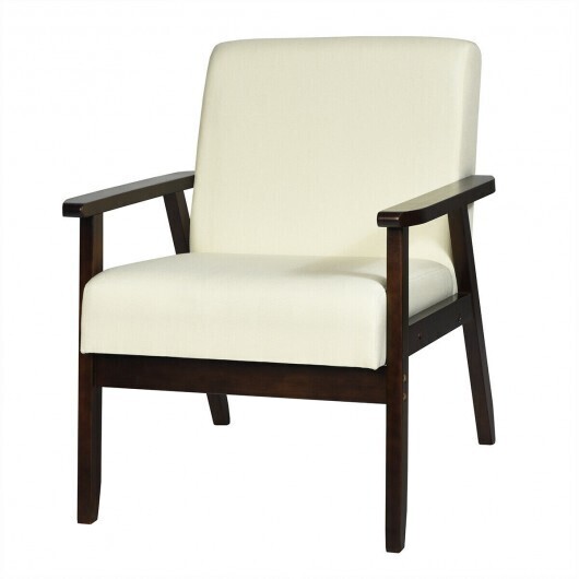 Solid Rubber Wood Fabric Accent Armchair-Beige - Color: Beige