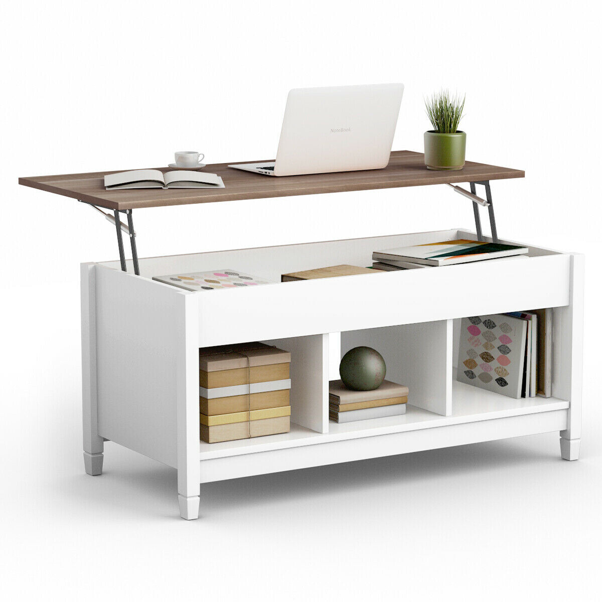 Lift Top Coffee Table with Hidden Storage Compartment-White - Color: White
