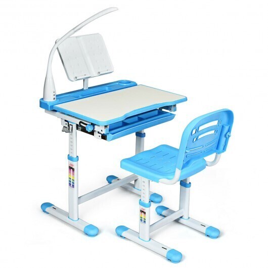 Adjustable Kids Desk Chair Set with Lamp and Bookstand-Blue - Color: Blue