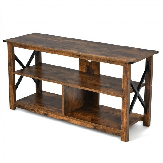 3 Tier Wood TV Stand for 55-Inch with Open Shelves and X-Shaped Frame-Brown - Color: Brown