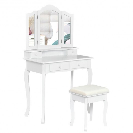 4 Drawers Wood Mirrored Vanity Dressing Table with Stool-White - Color: White