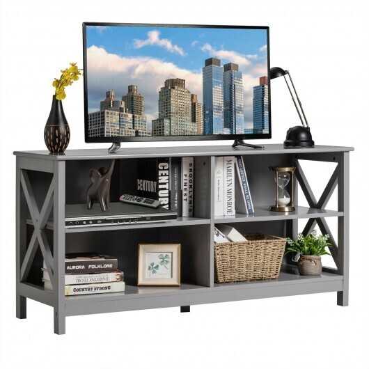 Wooden TV Stand Entertainment for TVs up to 55 Inch with X-Shaped Frame-Gray - Color: Gray