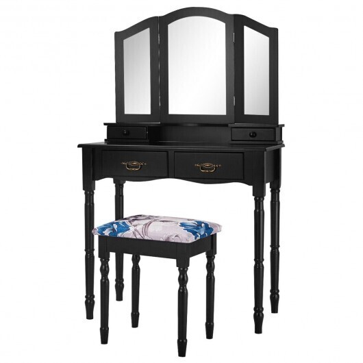 Simple Vanity Set with Tri-Folding Mirror Drawers and Storage Shelf-Black - Color: Black