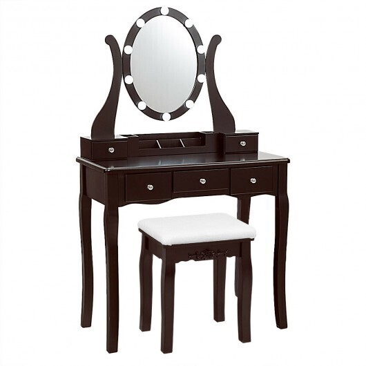 10 Dimmable Lights Vanity Table Set with Lighted Mirror and Cushioned Stool-Coffee - Color: Brown