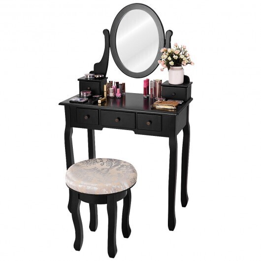 Vanity Makeup Table Set Bedroom Furniture with Padded Stool - Color: Black