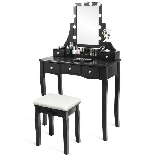 10 Dimmable Light Bulbs Vanity Dressing Table with 2 Dividers and Cushioned Stool-Black - Color: Black