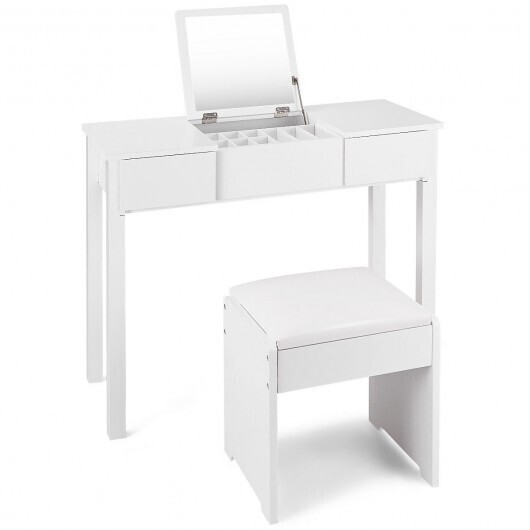 Vanity Makeup Dressing Table Set with Flip Top Mirror and Cushioned Stool-White - Color: White