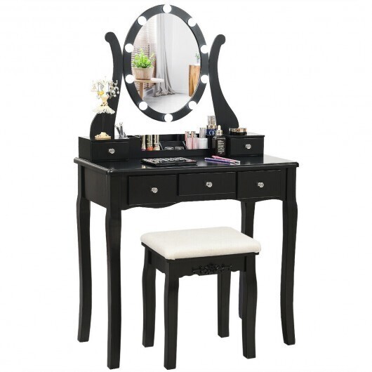 10 Dimmable Lights Vanity Table Set with Lighted Mirror and Cushioned Stool-Black - Color: Black