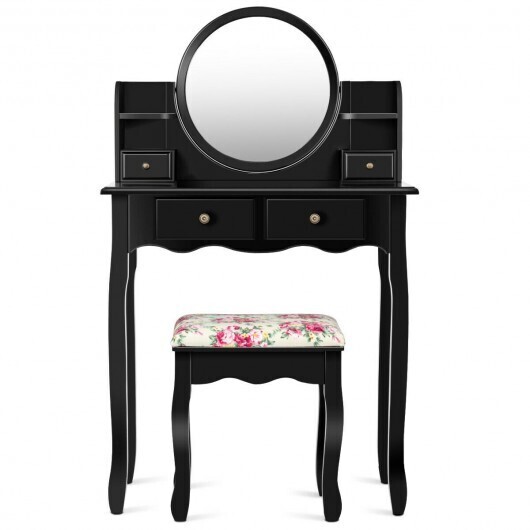 Makeup Vanity Table Set Girls Dressing Table with Drawers Oval Mirror-Black - Color: Black