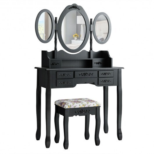 7 Drawer Tri-Folding Mirror Dressing Vanity Makeup Set-Black - Color: Black