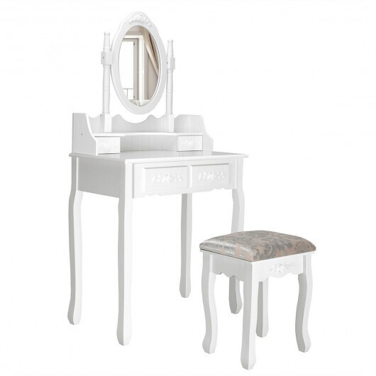 Vanity Table Set with Oval Mirror and 4 Drawers - Color: White