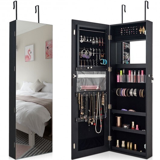 Lockable Storage Jewelry Cabinet with Frameless Mirror-Black - Color: Black