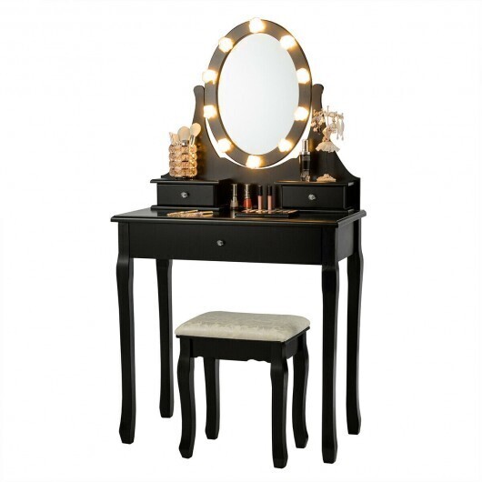 3 Drawers Lighted Mirror Vanity Dressing Table Stool Set-Black - Color: Black