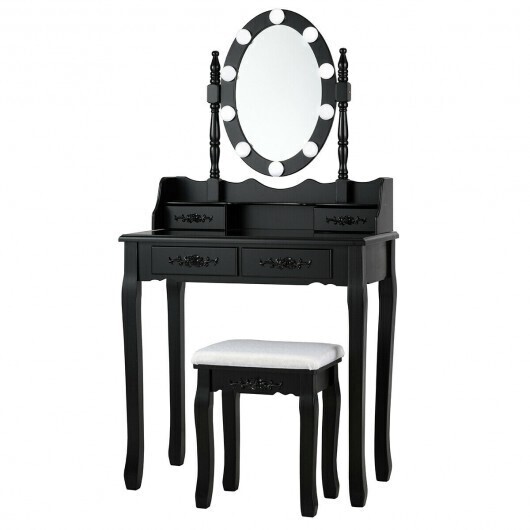 Makeup Dressing Table with Touch Switch Lighted Mirror and Cushioned Stool-Black - Color: Black