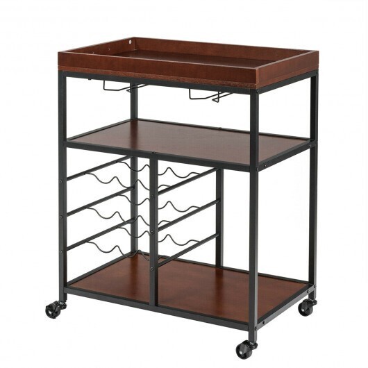 3 Tiers Storage Bar Serving Cart with Wine Rack - Color: Brown