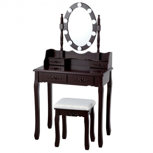 Makeup Dressing Table with Touch Switch Lighted Mirror and Cushioned Stool-Brown - Color: Brown
