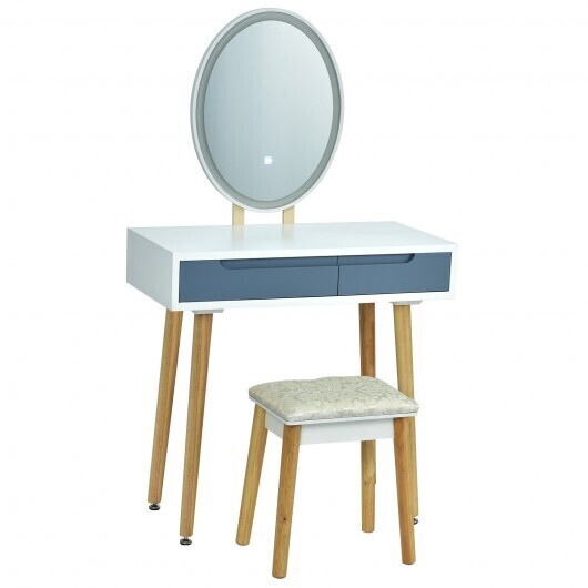 Touch Screen Vanity Makeup Table Stool Set with Lighted Mirror-Gray - Color: Gray