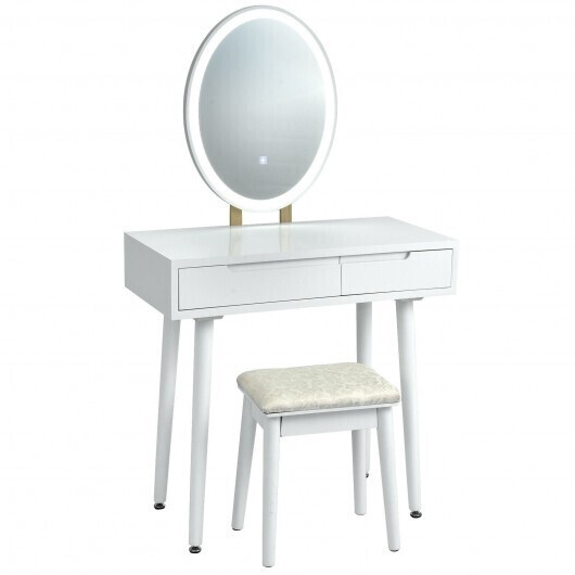 Touch Screen Vanity Makeup Table Stool Set with Lighted Mirror-White - Color: White
