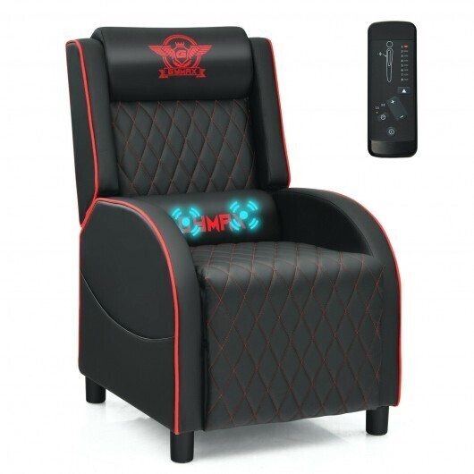 Massage Gaming Recliner Chair with Headrest and Adjustable Backrest for Home Theater-Red - Color: Red