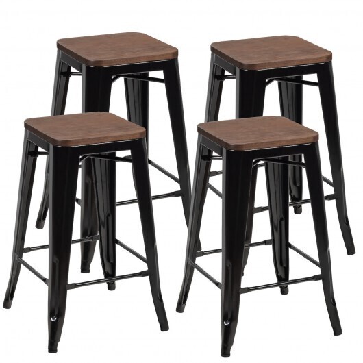 Set of 4 Counter Height Backless Barstools with Wood Seats-Black - Color: Black