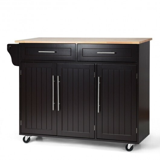 Kitchen Island Trolley Wood Top Rolling Storage Cabinet Cart with Knife Block-Brown - Color: Brown