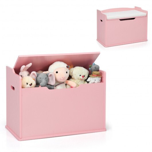 Kids Toy Wooden Flip-top Storage Box Chest Bench with Cushion Hinge-Pink - Color: Pink