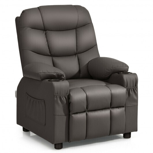 PU Leather Kids Recliner Chair with Cup Holders and Side Pockets-Brown - Color: Brown