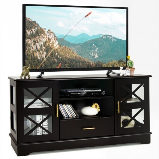 Wood TV Stand with 2 Glass Door Cabinets and 2-Tier Adjustable Shelves-Brown - Color: Brown
