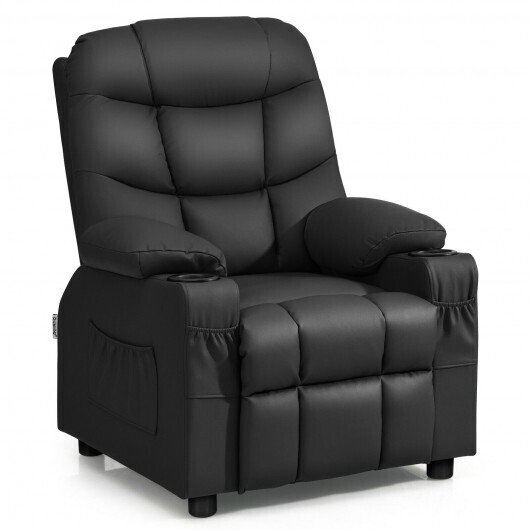 PU Leather Kids Recliner Chair with Cup Holders and Side Pockets-Black - Color: Black
