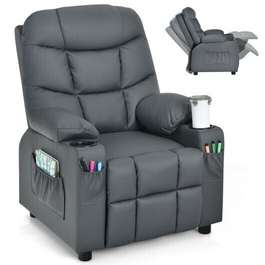 PU Leather Kids Recliner Chair with Cup Holders and Side Pockets-Gray - Color: Gray