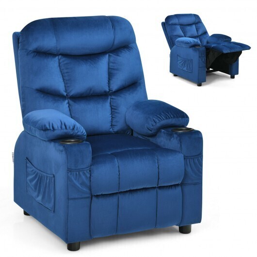 Kids PU Leather/Velvet Fabric Kids Recliner Chair with Cup Holders-Light Blue - Color: Light Blue