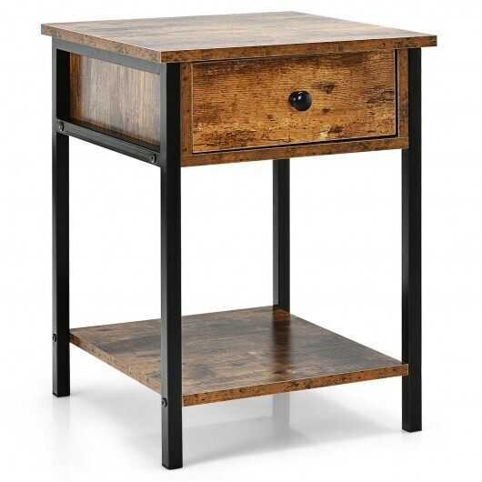 Industrial End Side Table Nightstand with Drawer Shelf-Rustic Brown - Color: Rustic Brown