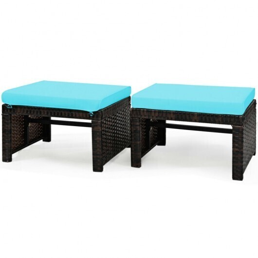 2 Pieces Patio Rattan Ottomans with Soft Cushion for Patio and Garden-Turquoise - Color: Turquoise