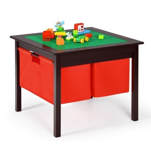 2-in-1 Kids Double-sided Activity Building Block Table with Drawers-Brown - Color: Brown