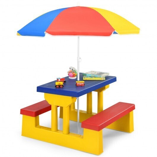 Kids Picnic Folding Table and Bench with Umbrella-Yellow - Color: Yellow