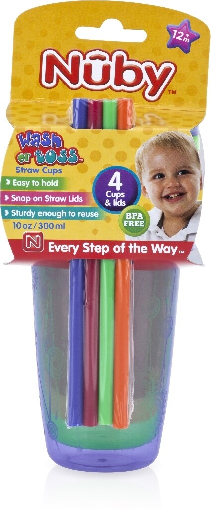 . Case of [24] Nuby? Wash or Toss Cups w/Straw & Lid - 10 oz, 4 Pack .