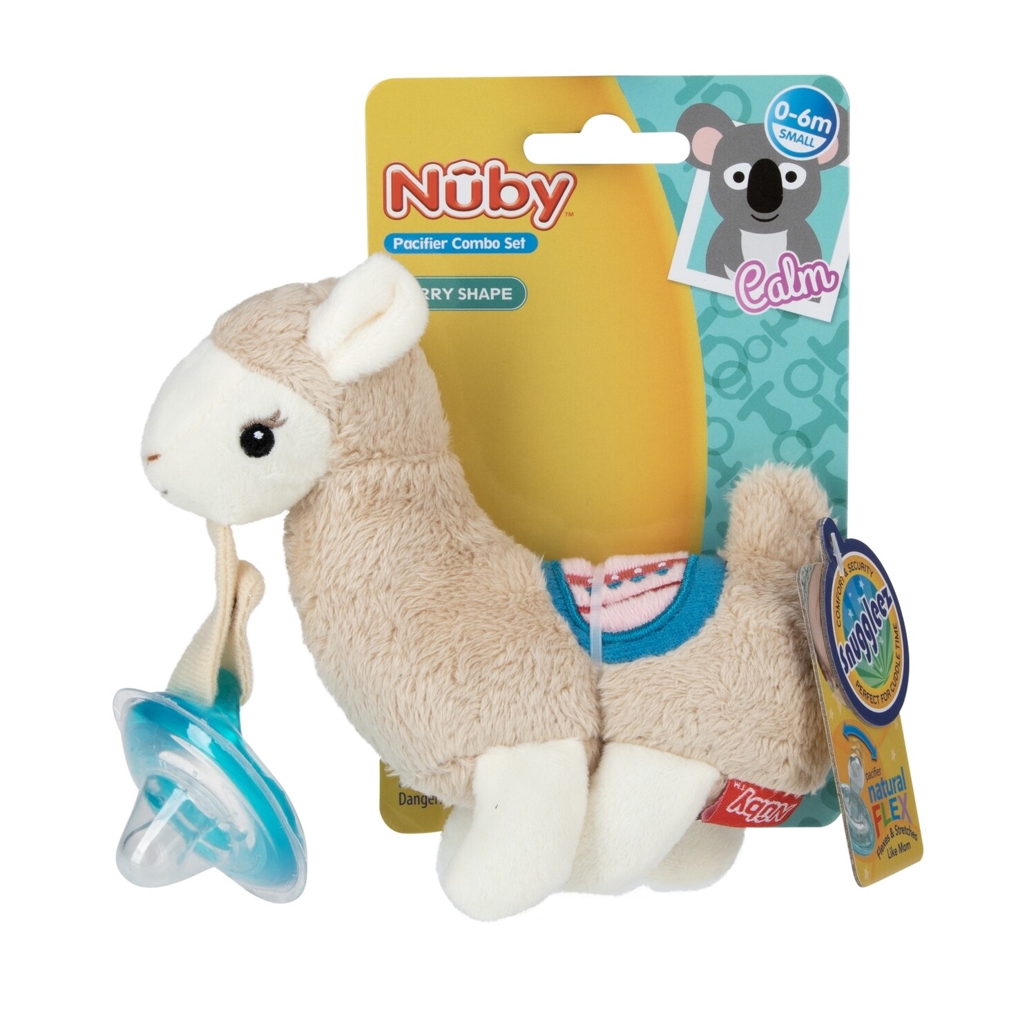 . Case of [12] Nuby Plush Pacifinders - Llama, 0-6M, Natural Cherry Shape .