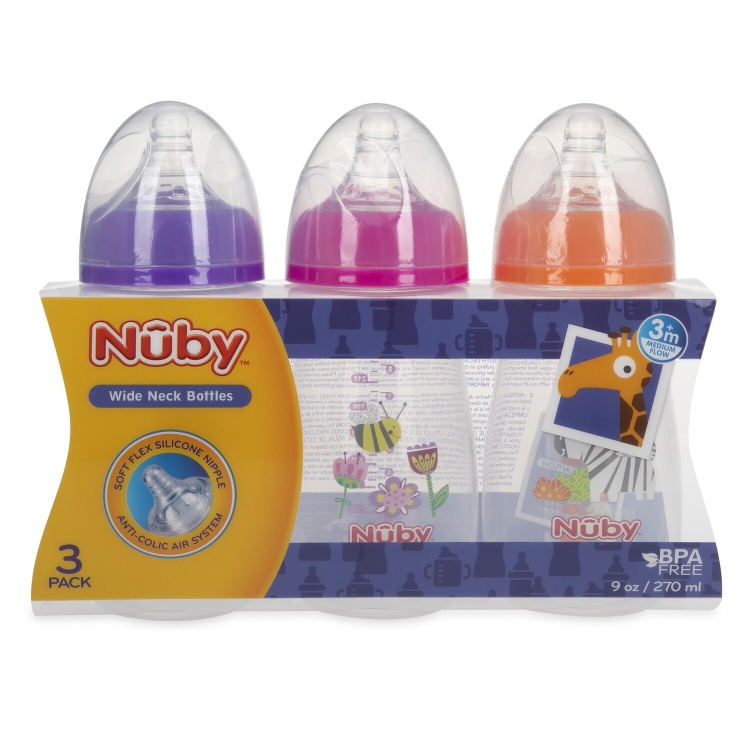 . Case of [24] Nuby Wide Neck Bottles - 3 Count, Anti-Colic Air System, Medium ffow .