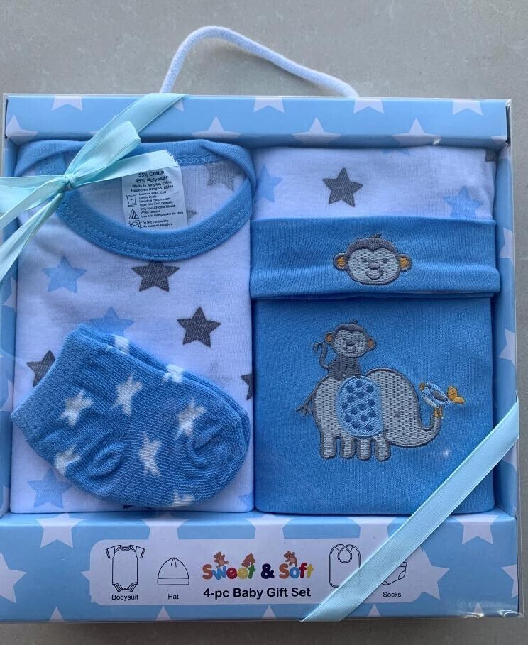 . Case of [24] Baby Boys' Gift Sets - 6M, Blue, 4 Piece Elephant .