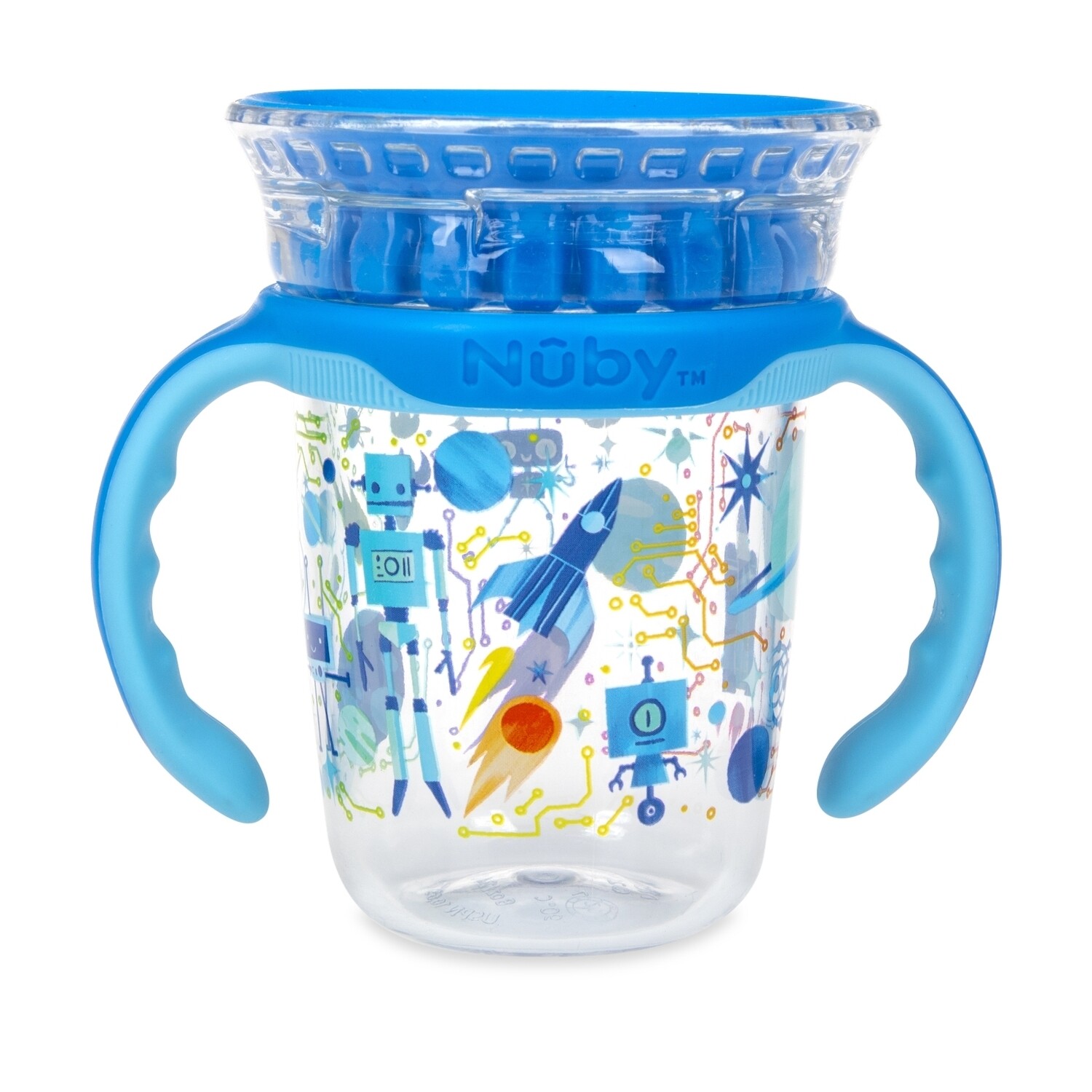 . Case of [48] Nuby 2 Stage Drinking Cups - 360 Edge Rim, Removable Handles, Robot, Blue .