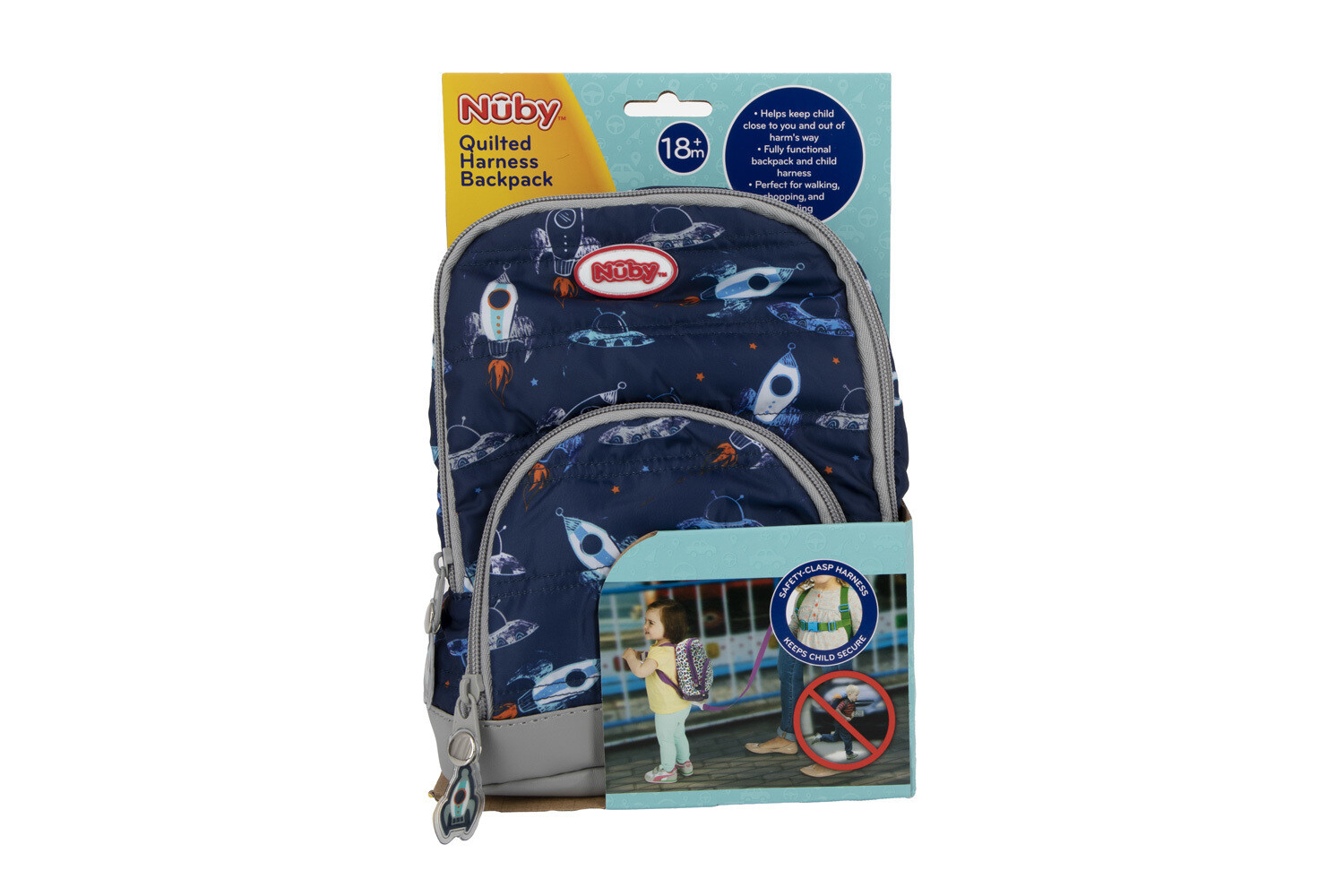 . Case of [12] Nuby Quilted Harness Backpacks - Space Design, 18 m+ .