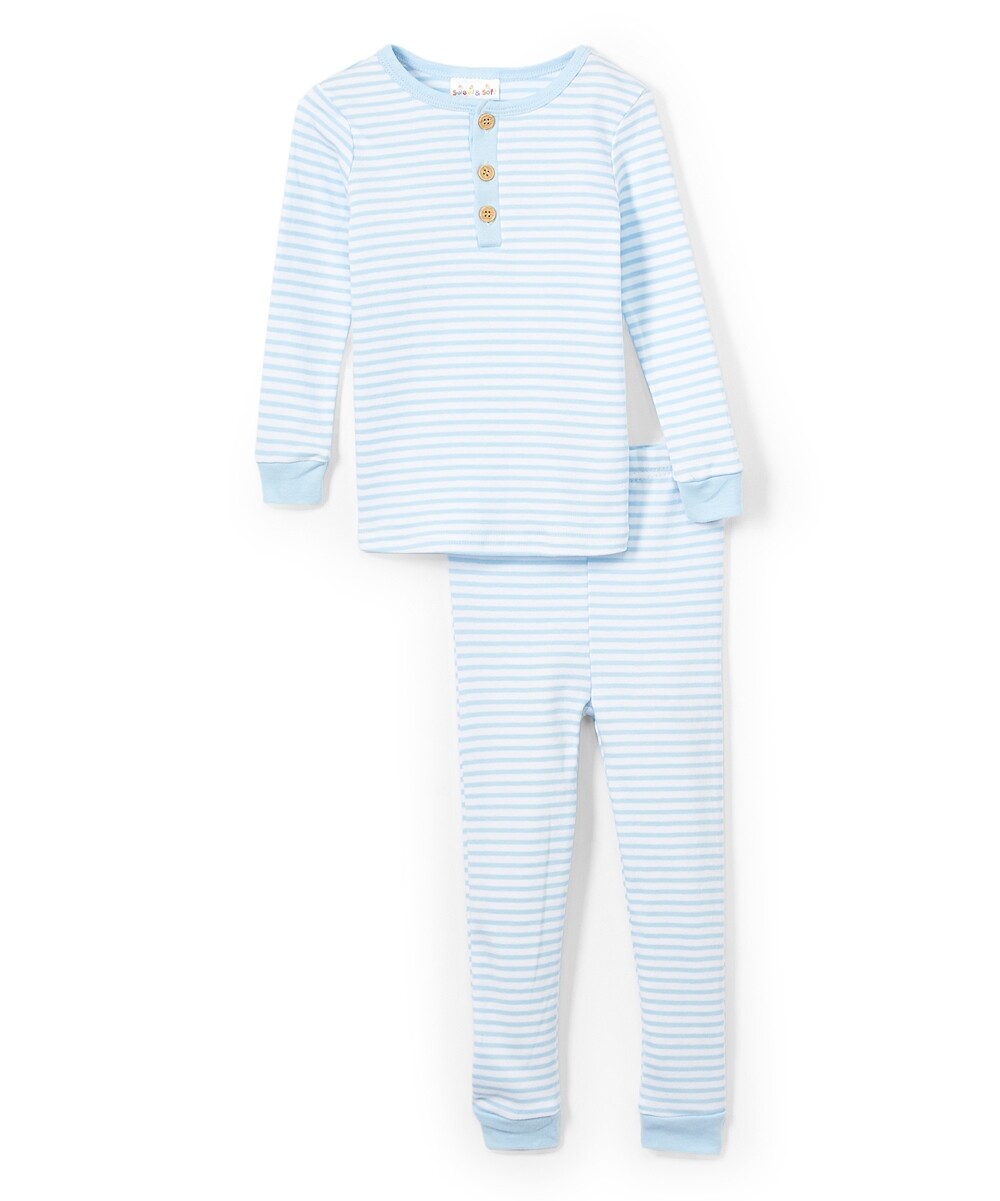 . Case of [24] Boys' Long Sleeve Striped Pajamas - 12-24M, Light Blue .