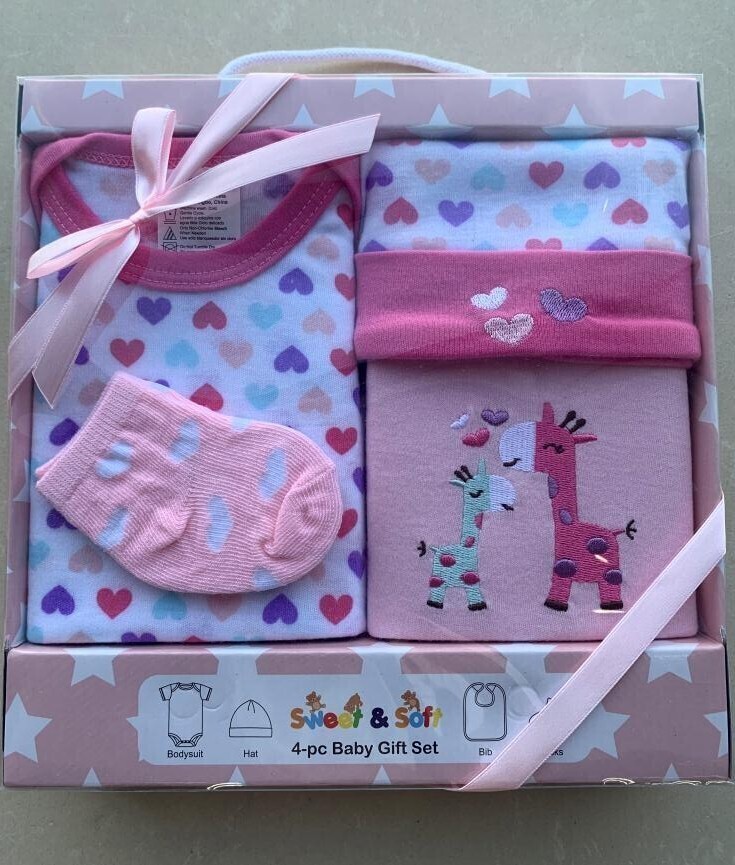 . Case of [24] Baby Girls' Gift Sets - 0-6M, Pink, 4 Piece, Giraffe & Stars .